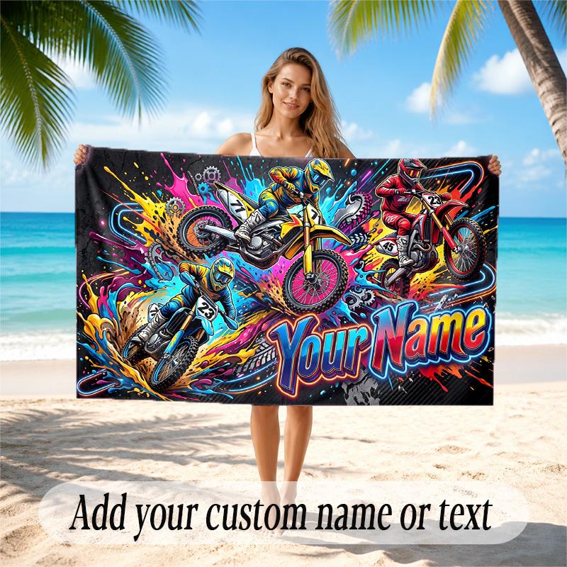 Motorcycle Biker Theme Quick Dry Beach Towel Custom Name Text Print Large Sand Resistant Towel Beach Vacation