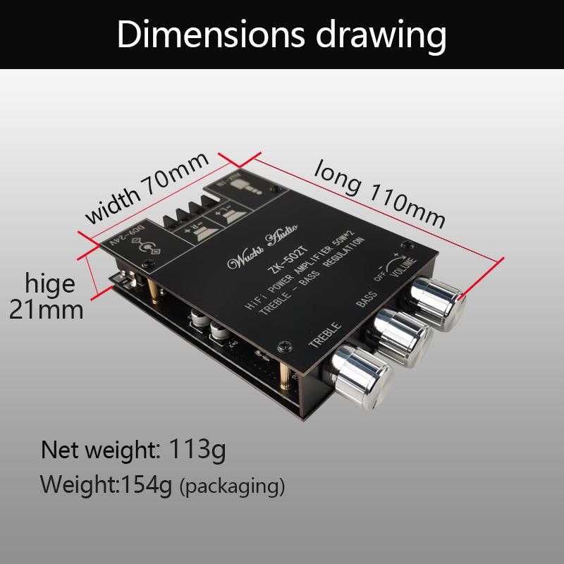 ZK-502T TPA3116D2 Bluetooth 5.0 Amplifier Board 50W×2 2.0 Channel Stereo Audio AMP with Independent Tone Control High Power Bass Amplifier Module