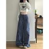 Women's Retro Blue Check Wide Leg Pants - High Waist, Casual, Floor-Length for Spring/Autumn