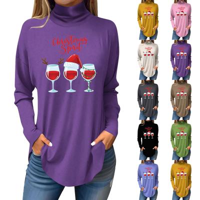 Женская свободная водолазка с рождественским принтом, футболка с длинными рукавами, топ и джемпер