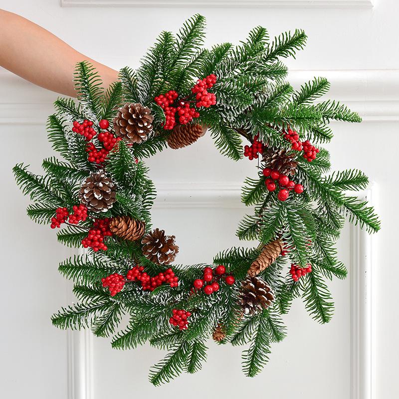 NUCHI Christmas Wreath with PE Leaves, White Pine Cones, and Red Berries - Door Hanging Ornament and Holiday Decoration