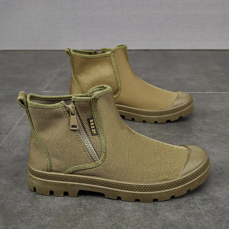 Soft Sole Men's Camo Safety Shoes High Top Side Zipper Canvas Outdoor Fishing Thick Sole Slip Resistant Abrasion Resistant Boots