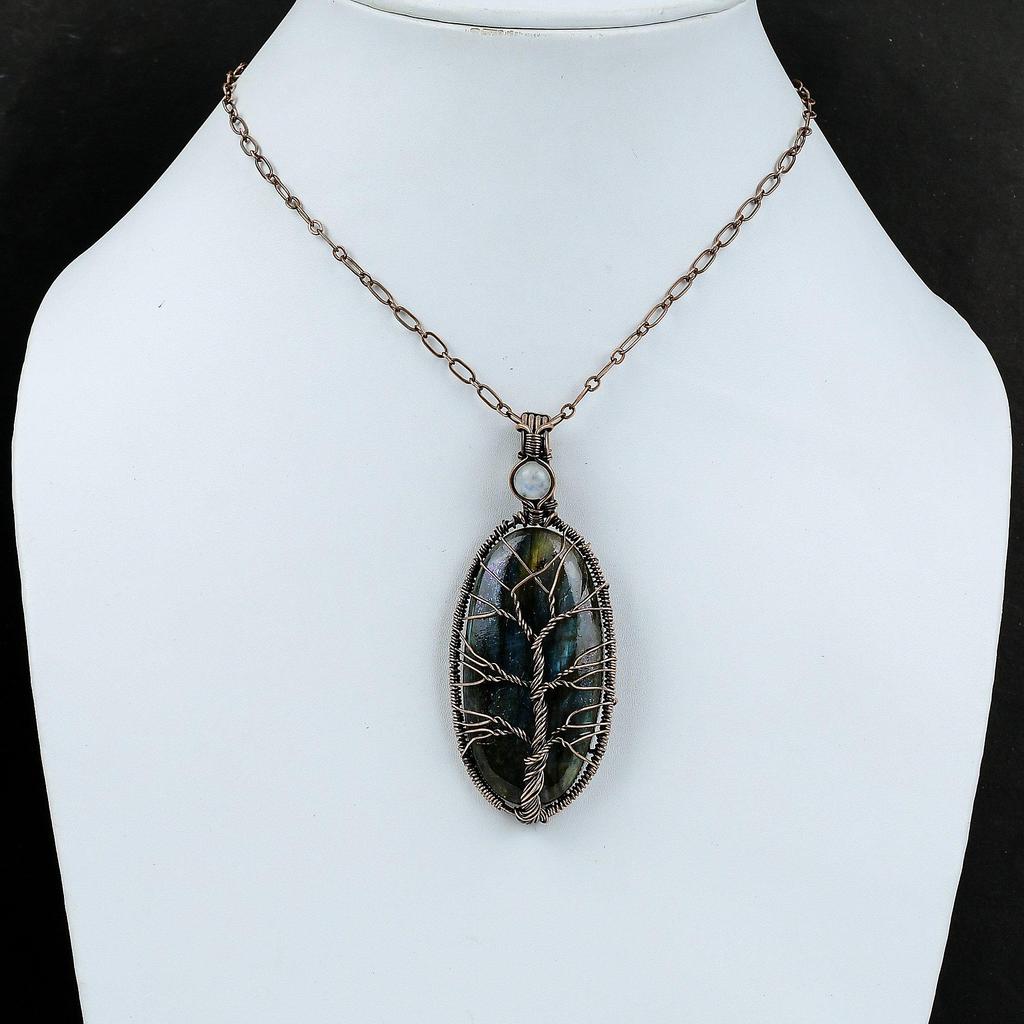 Подвеска из лабрадорита «Дерево жизни», подвеска из медной проволоки, подвеска из радужного лунного камня, подвеска из драгоценного камня, подарок для мамы, ювелирные изделия из меди ручной работы