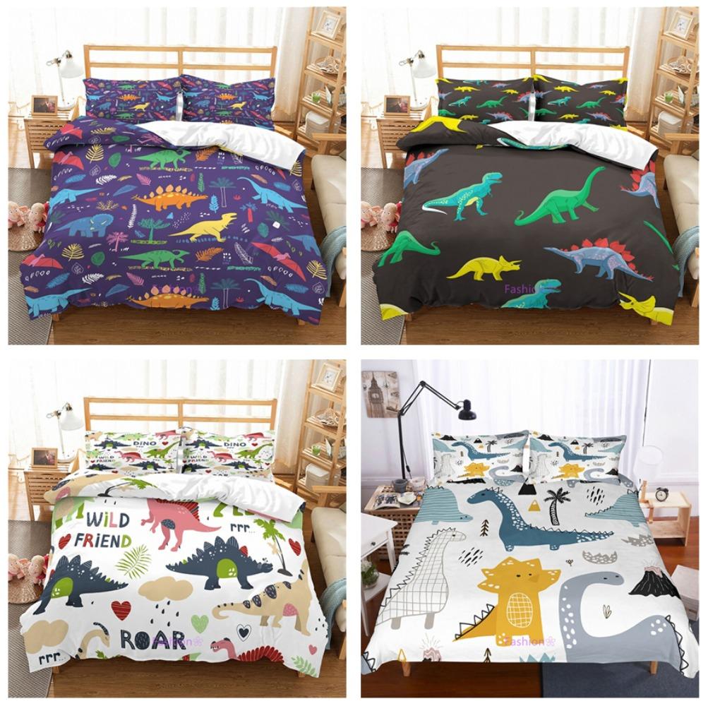 Cartoon Animal Pattern Bedding Set Dinosaur Print Quilt Cover Pillowcase Kid Teenager Single Bed Bedding Gift