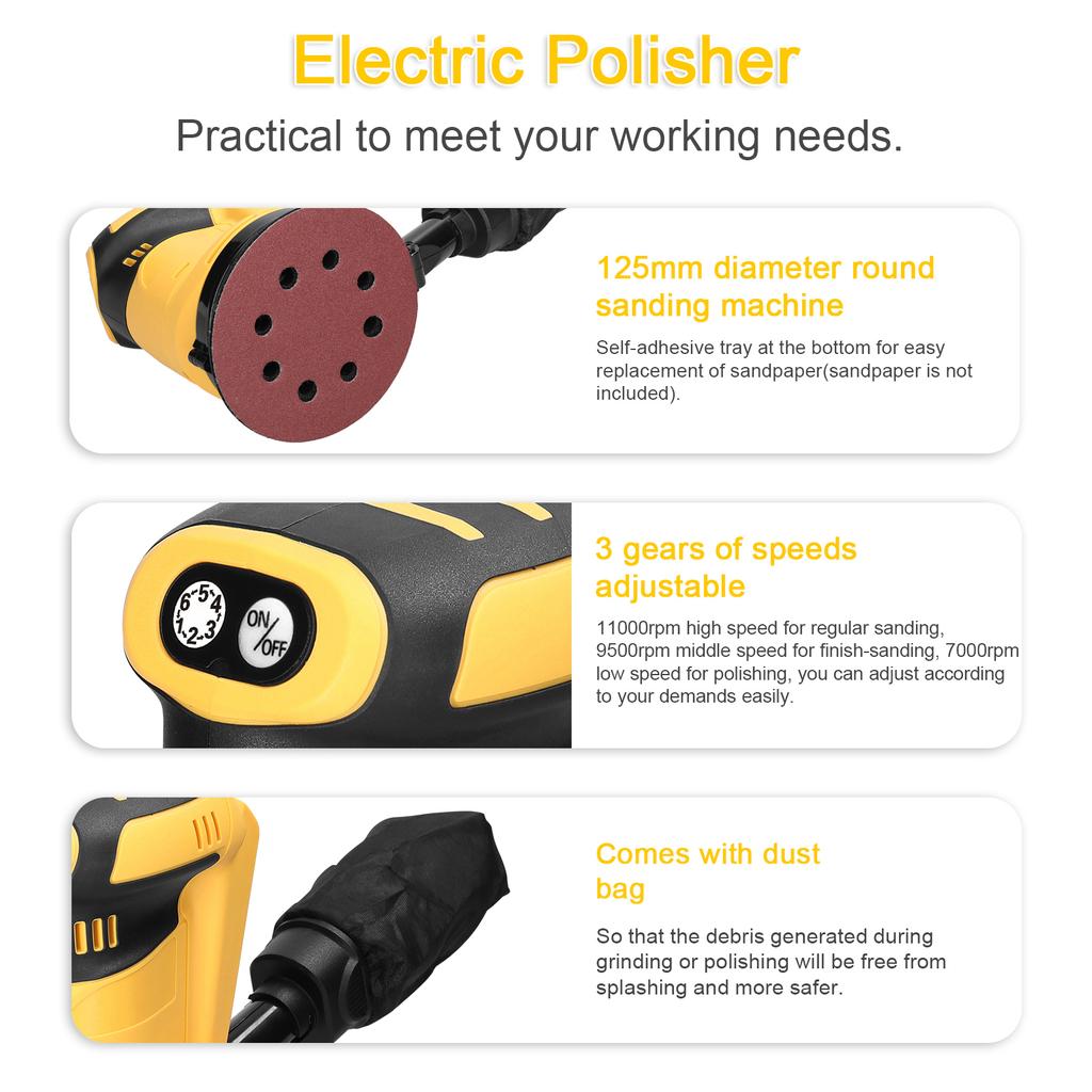 125mm Brushless Motor Cordless Orbital Sander Wood Grind Tool Electric Car Polisher Multifunctional Wood Metal Waxing Polishing Grinding Sanding Machi