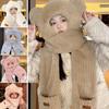 Women Winter Hat with Integrated Scarf And Gloves Thick Warm Faux Fur Windproof Bear Ears Decor Full Protection Outdoor Travel Cold Weather Cap