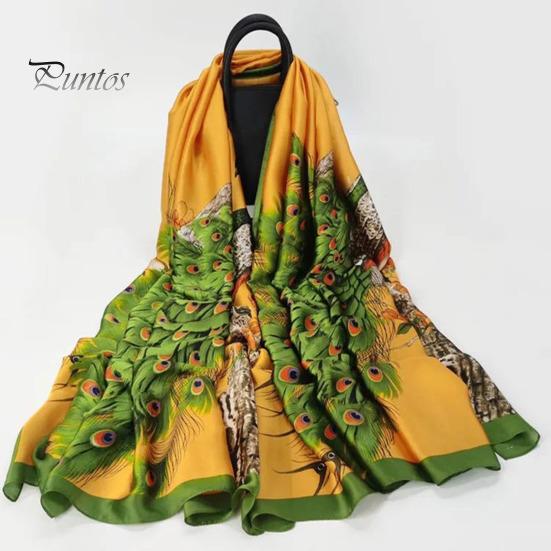 Rectangle Shawl Sunscreen Exquisite Faux Silk Scarf Women Green Printed Peacock Pattern Costume Accessories