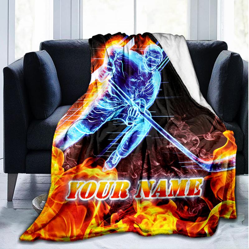 1PC Custom Name "Flame Hockey Player Artwork" outdooor Flannel blankets Patterns Throw Blanket All-Season Soft Gift for Couch, Bed, Camping gifts