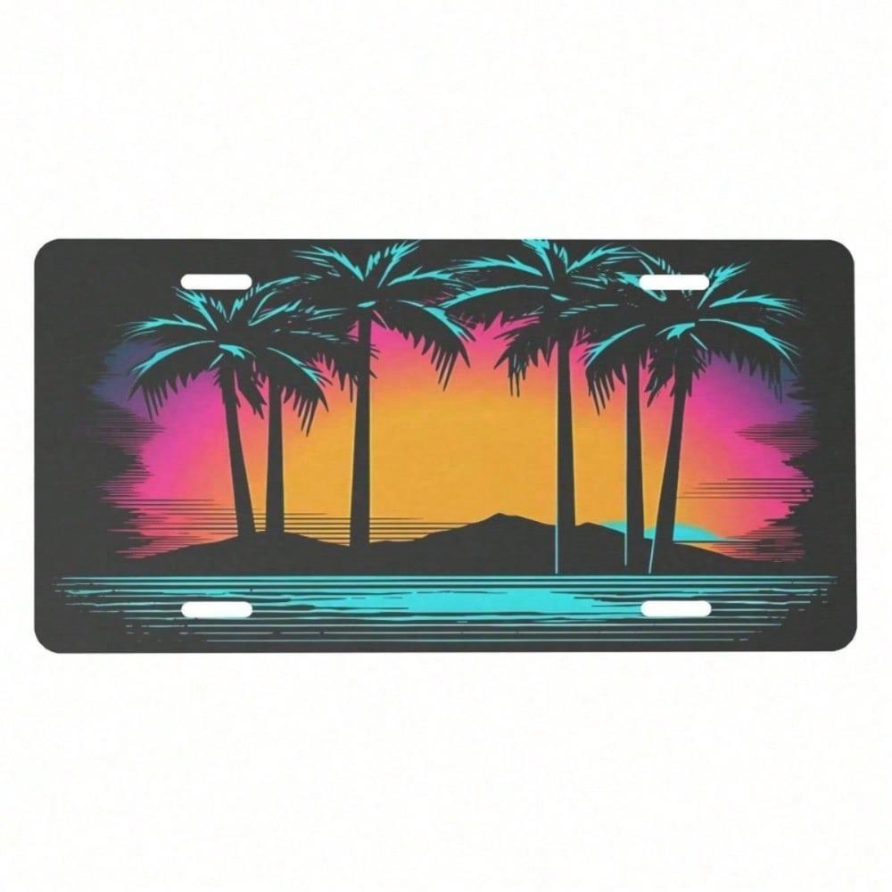 Funny Palm Tree Beach License Plate, 12x6 In Novelty Tropical Sunset Aluminum Car Tag, Decorative Front Plate for Truck