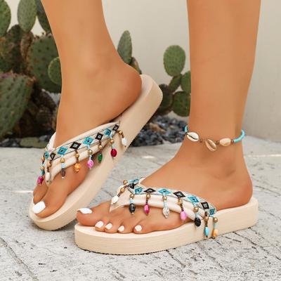 Модные летние шлепанцы с цветочным принтом, женская мода, круглый носок, бисерная отделка, мягкая подошва, легкие, нескользящие, большой размер, пляжная обувь