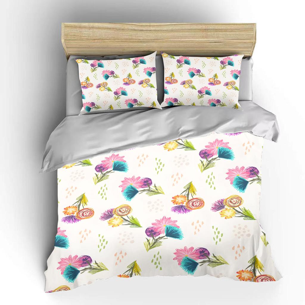 Hand-Drawn Colorful Floral Pattern Print Bedding Set 1 Duvet Cover 2 Pillowcases For Adult And Children Luxury Gift Full Size