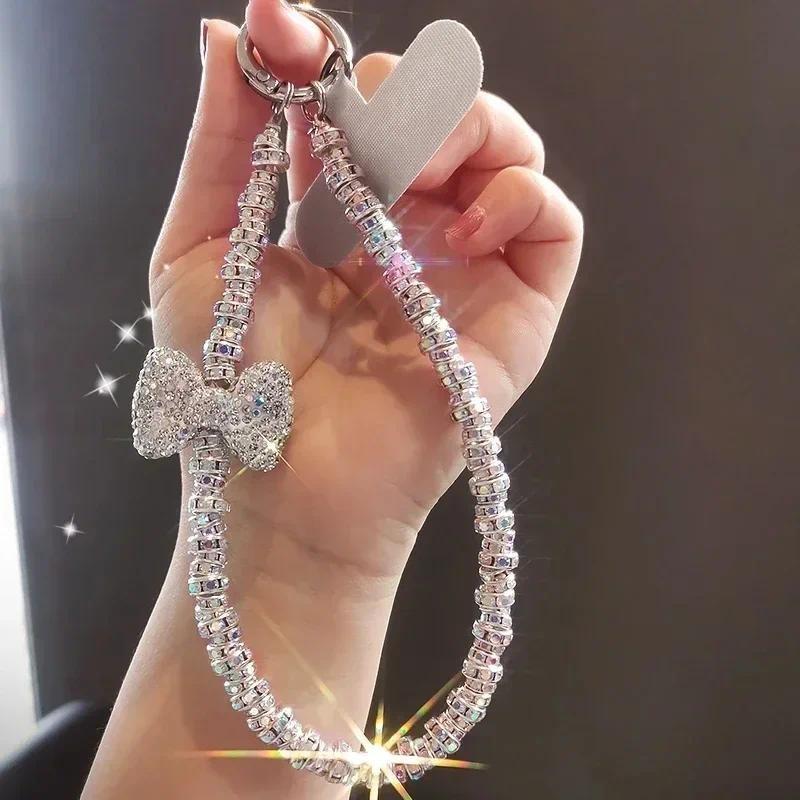 Short Diamond Studded Bow Mobile Phone Lanyard Wristband Shiny Lanyard IPhone 16 Case Key Universal Rope Bag Body KitJewelry