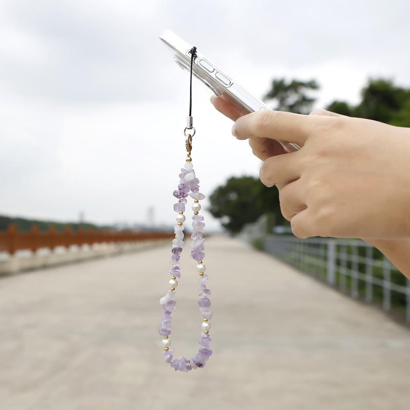 Creative Personalized Minority Creative Beaded Mobile Phone Charm New Women's Clothes Natural Stone Amethyst Gravel Mobile Phone Lanyard