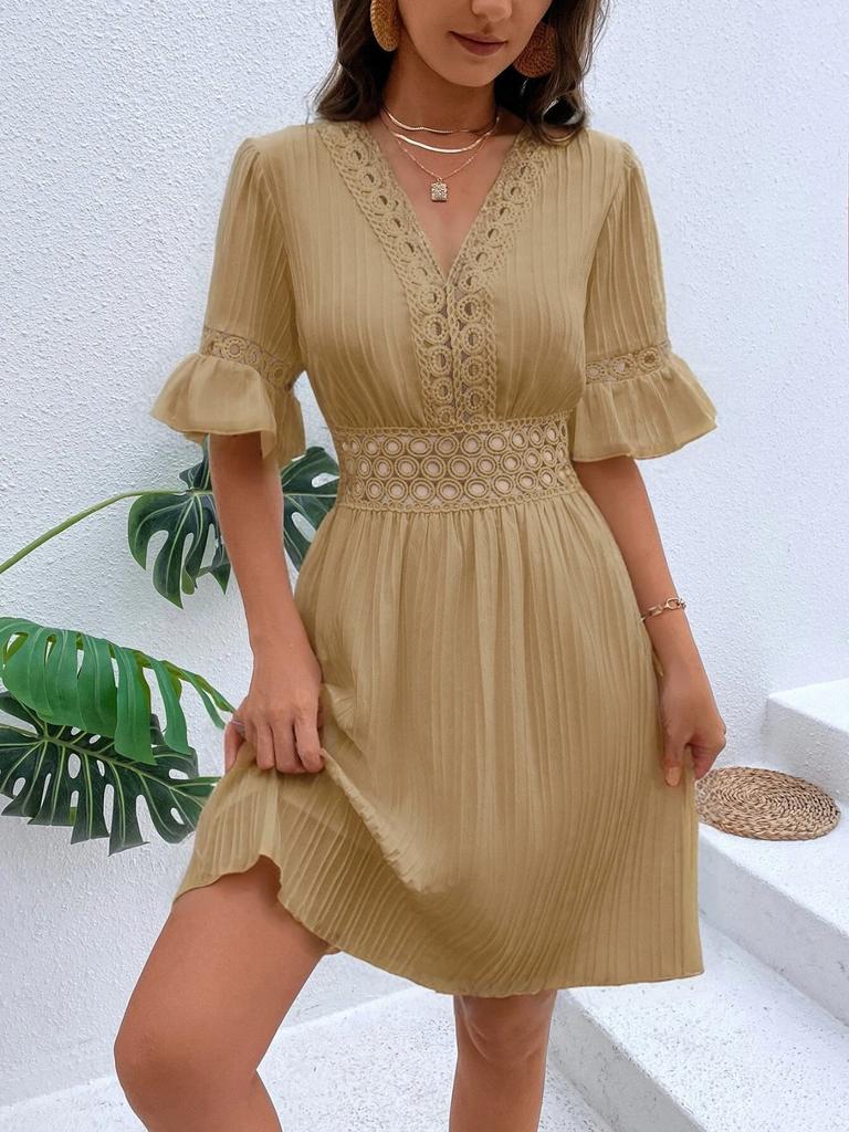 Fashion Women's Summer V Neck Casual Fashion Solid Color Pullover  Dress