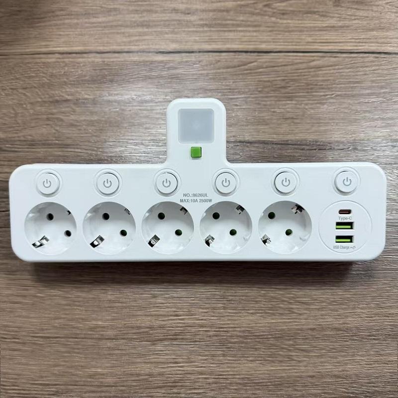 Европейская удлинительная розетка – розетки переменного тока с USB и Type-C, индивидуальные выключатели + ночник, доступна в 2 версиях
