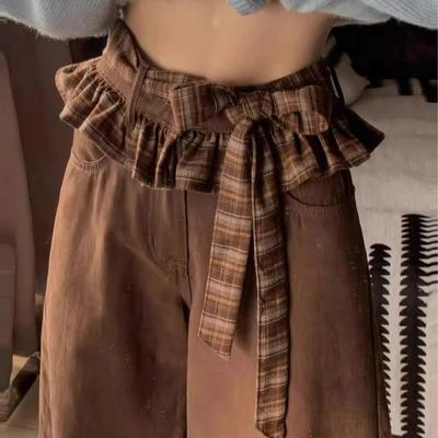 Женские джинсы с двойной талией и ремешком-бабочкой кофейного цвета, весенне-летний дизайн, прямые свободные брюки широкого покроя