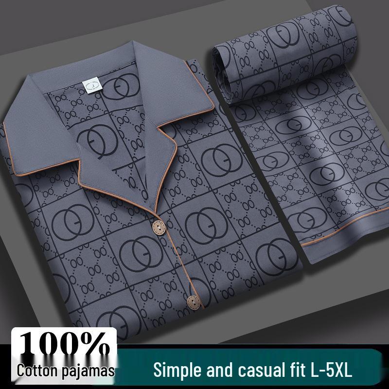 Мужской летний хлопковый пижамный комплект большого размера - Топ с коротким рукавом и длинные брюки для пап среднего возраста