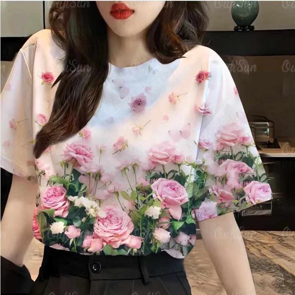 Повседневные футболки с 3D-принтом. Модная, качественная и удобная футболка с цветочным узором и короткими рукавами и круглым вырезом.