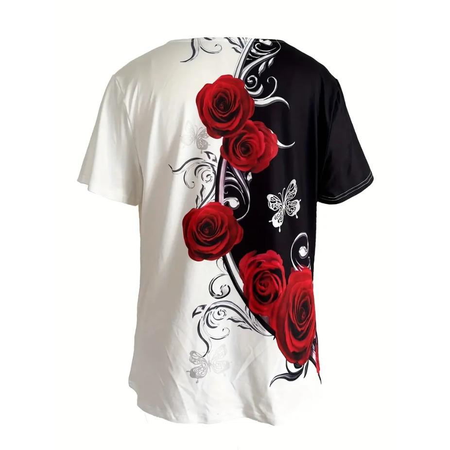 Ретро футболка с принтом роз, круглым вырезом и короткими рукавами для женщин, дышащий полиэстер, эластичная, удобная для повседневной носки