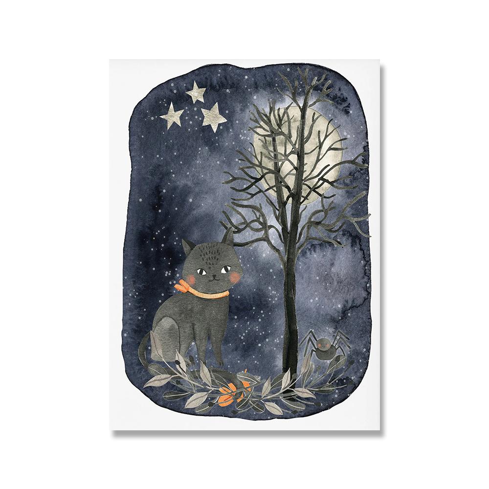 Bat and Jack Lantern Halloween Wall Art Canvas Painting Cute Black Cat And Ghost Poster Wall Picture for Kids Halloween Decor