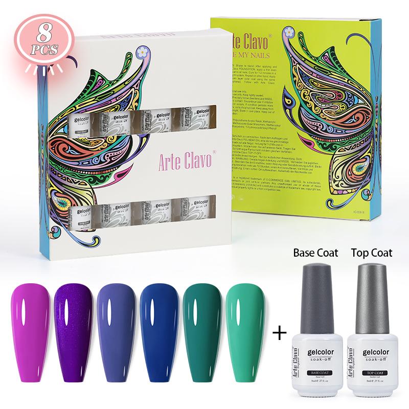 Arte Clavo 8 бутылок/набор, высококачественный блестящий гель-лак для ногтей для маникюра, гель-лак для дизайна ногтей, верхнее базовое покрытие, лак