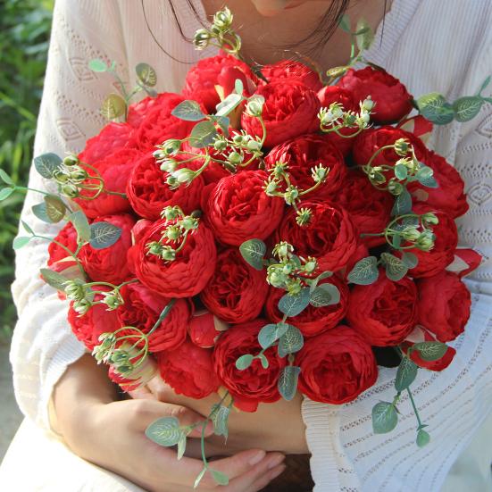 Искусственные Пионы Цветы с 5 Головками Цветов и 4 Бутонами Букет из Искусственных Пионов Цветочная Композиция для Вазы Дома Декор Богемная Свадьба Центральный Элемент Стола