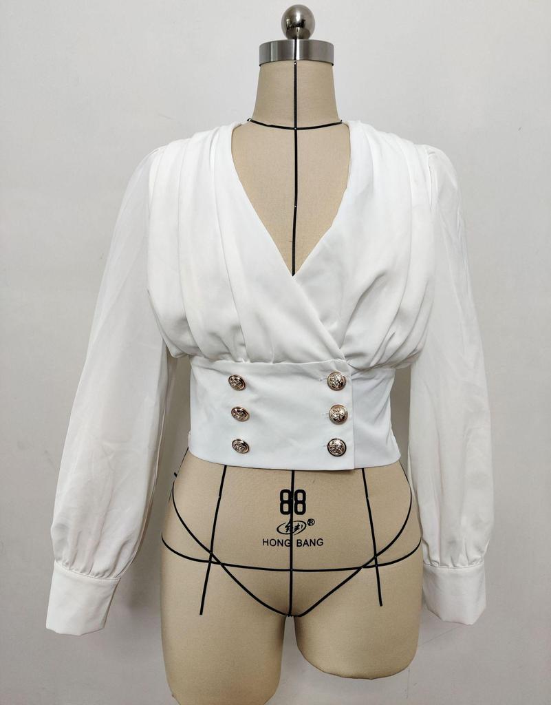 Женская сексуальная рубашка с V-образным вырезом, длинными рукавами-буфами, однотонная, короткая