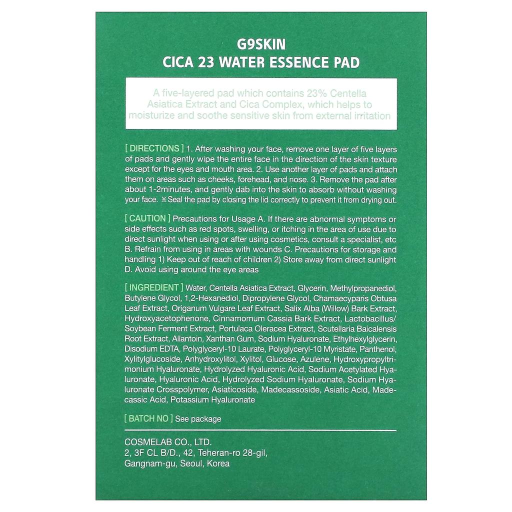 G9SKIN Cica 23 Water Essence Pads, 50 Sheets, 180Ml(6.09Fl Oz)