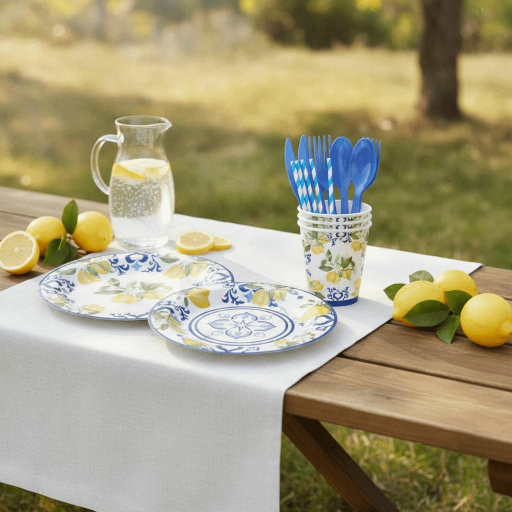 Thickened Party Paper Plate Cup Napkin Mediterranean Style Disposable Utensils Set on Vacation