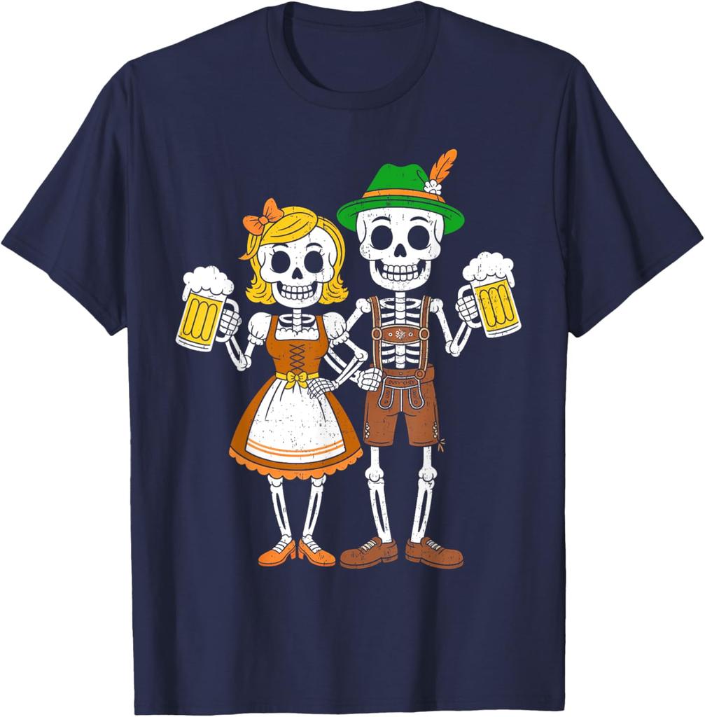 Funny Skeleton Couple Oktoberfest Pretzel Beer Party Man TShirt Fashion Casual Cotton Graphic T Shirts Streetwear Tops Tee
