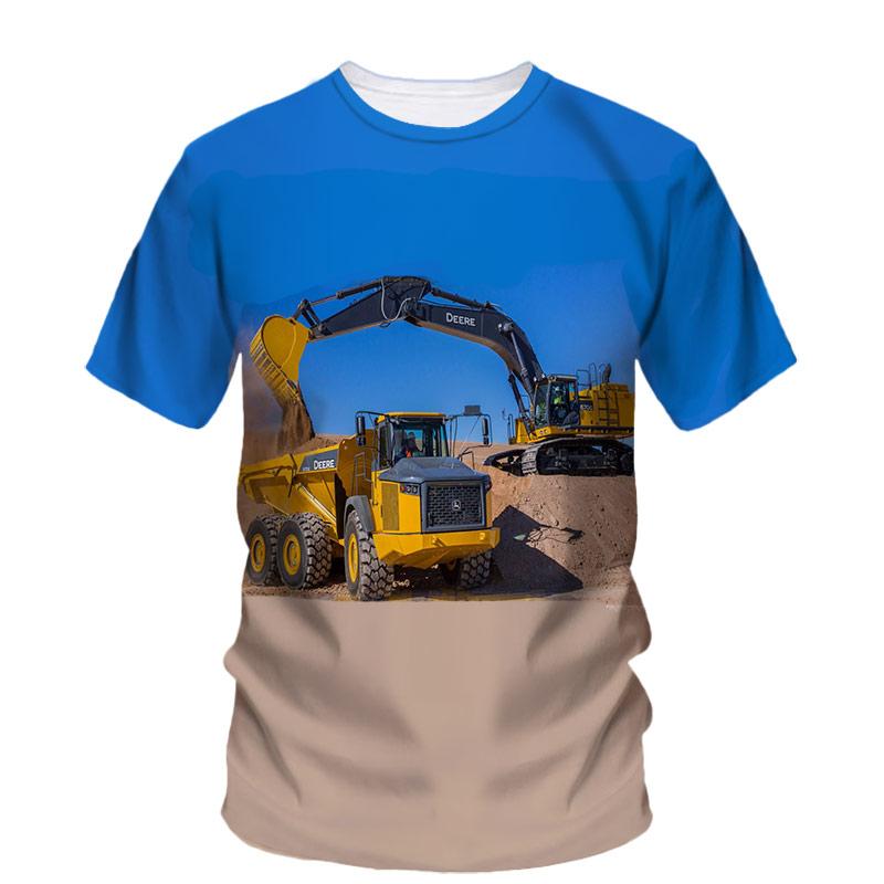 3D All Over Print Short Sleeve T-Shirt, Engineering Loader Lumber Scene Graphic Round Neck Casual Lightweight Top