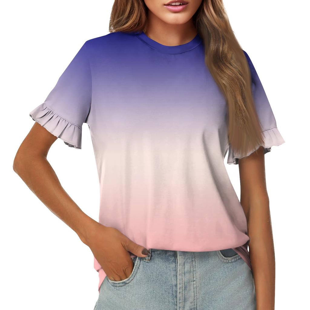 Женская летняя футболка с коротким рукавом и рюшами с принтом и круглым вырезом