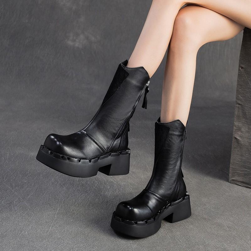 Johnature Genuine Leather Mid-calf Boots Retro Commuter Side Zipper Thick Heel Thick Bottom Women's Boots