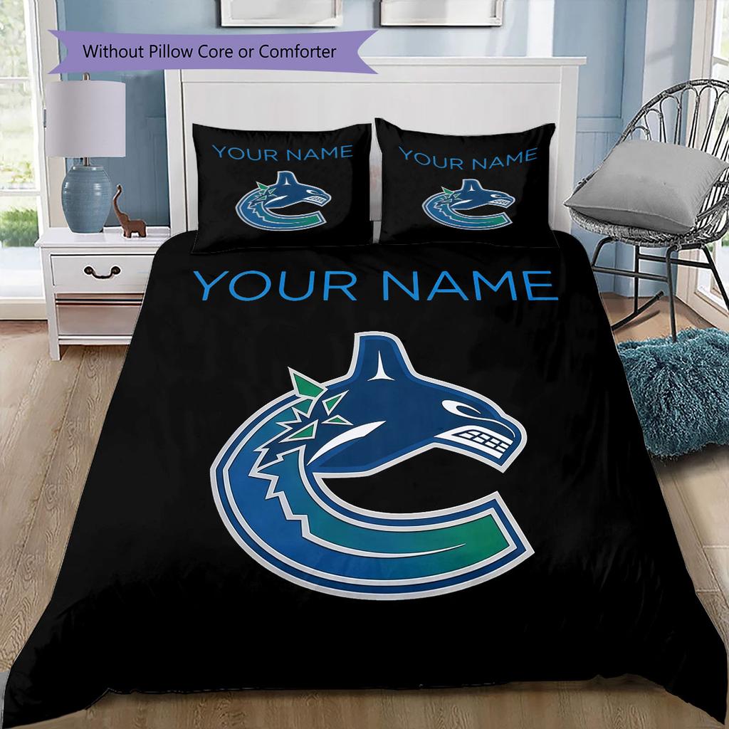 Custom Name,Vancouver Canucks Pattern Bedding Home Decoration Birthday Gift ( 1 duvet cover + 2 pillowcase, without core),fan merchandise.