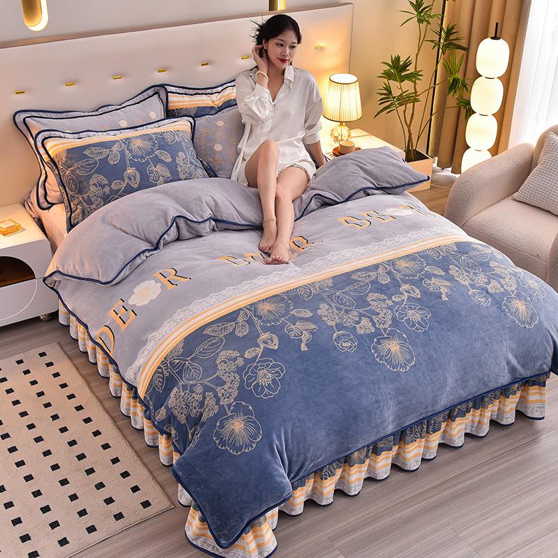 Утолщенный Молочный Флис Четырехпредметный Пододеяльник из Кораллового Флиса, Флисовая Простыня, Двустороннее Флисовое Фланелевое Постельное Белье, Юбка для Кровати