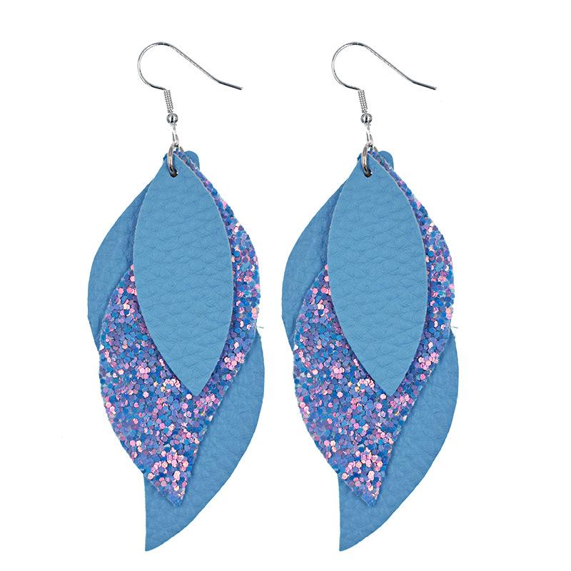 Fashion 3 Layer Stackable Glitter Faux Leather Teardrop Earrings For Women PU Leaf Shaped Lightweight Dangle Earrings Jewelry