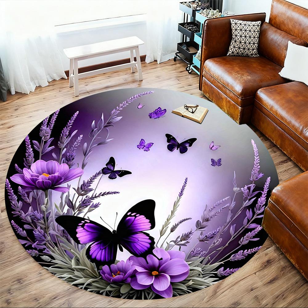 1PC Butterfly Lavender Office Round Area Rug, Under Office Chairs Bedroom Living Room Home Decor, Carpet for Office -1110002