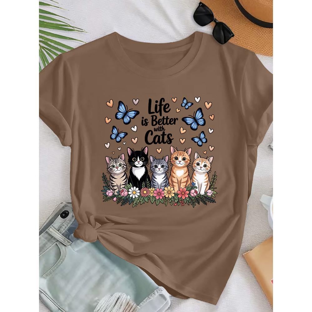 Ladies Elegant Wind Short Sleeve, Butterfly Love Five Cat Pattern Printed Crew Neck Casual Sports T-Shirt