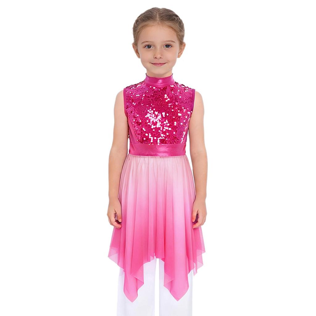 Girls Worship Praise Dance Tunic Dresses Mock Neck Sleeveless Asymmetrical Hem Shiny Sequins Bodice Dress Contemporary Dancewear