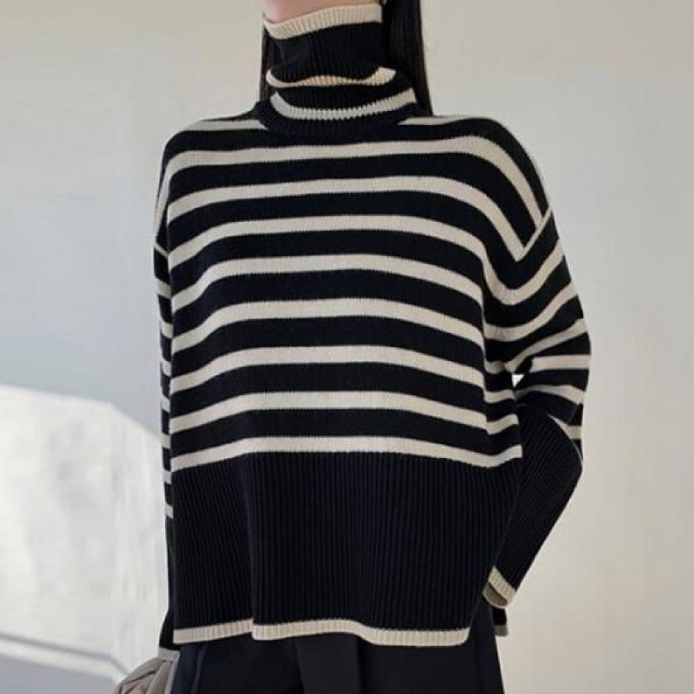 Navava Women S Striped Hem Slit Turtle Neck Long Sleeve Knit Top Nk2513