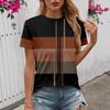 Ummer Round Neck Color - Block Stripe 3D Print Top Fashionable Casual Short Sleeved Women's T-shirts