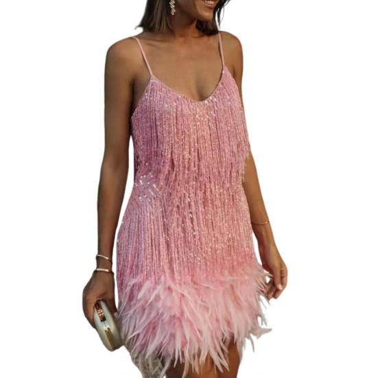 Women Dress Tassel Sequin V Neck Sleeveless Backless Feather Decor Loose Rumba Cha-cha Dance Costume Mini Club Party Dress