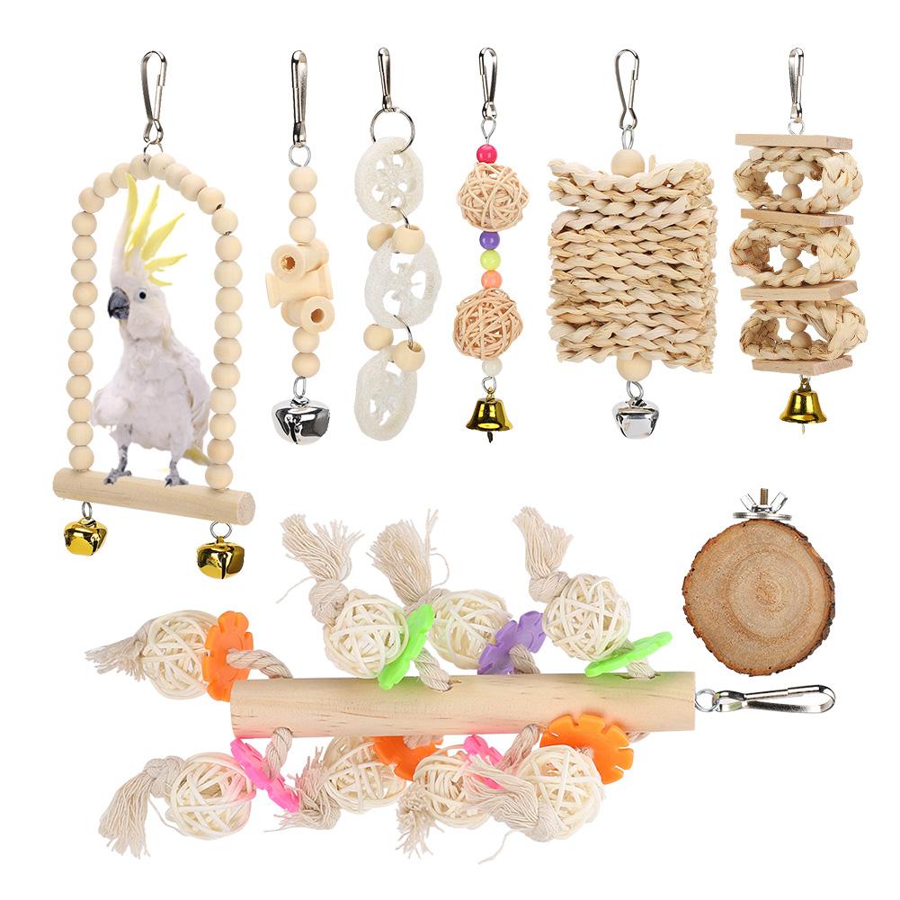 8 Packs Bird Parrots Hanging Swing Cage Toys Natural Wood Bird Climbing Chewing Toy Set