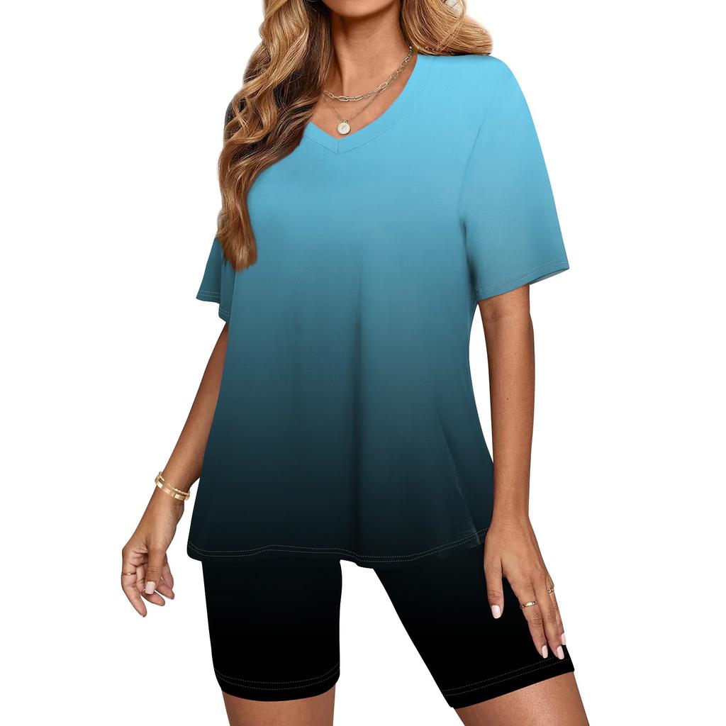 Женский топ с v-образным вырезом и короткими рукавами с градиентным принтом и шорты с принтом, комплект из двух предметов