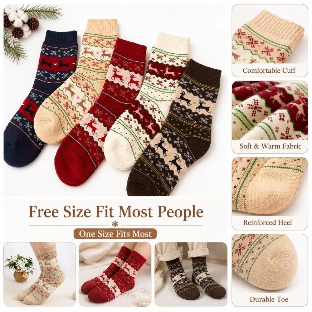 5pairs Wool Deer Knit Winter Socks Thickened Warm Mid-Calf Socks Christmas Reindeer Socks Autumn