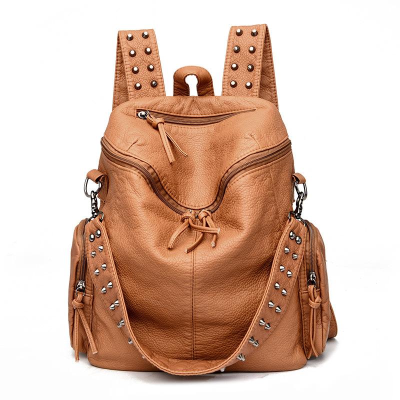 Women'S Bag, Premium Feeling Rivet, Washed Leather Backpack, Solid Color Soft-Faced Backpack, Large-Capacity Schoolbag, And Oversized.