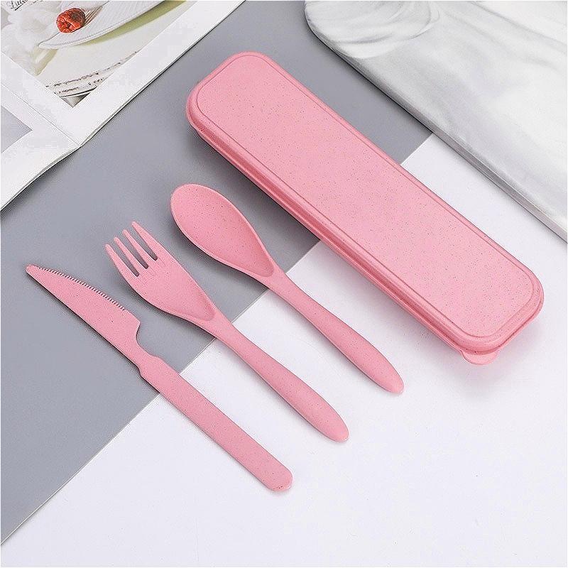 2 шт. Розовый Портативный Набор Посуды из Пшеничной Соломы Набор из Трех Предметов Вилки Ложки Ножи Дорожная Посуда Походные Столовые Приборы
