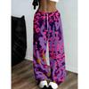 Women's casual wide-leg sweatpants with vibrant purple, pink and yellow abstractions