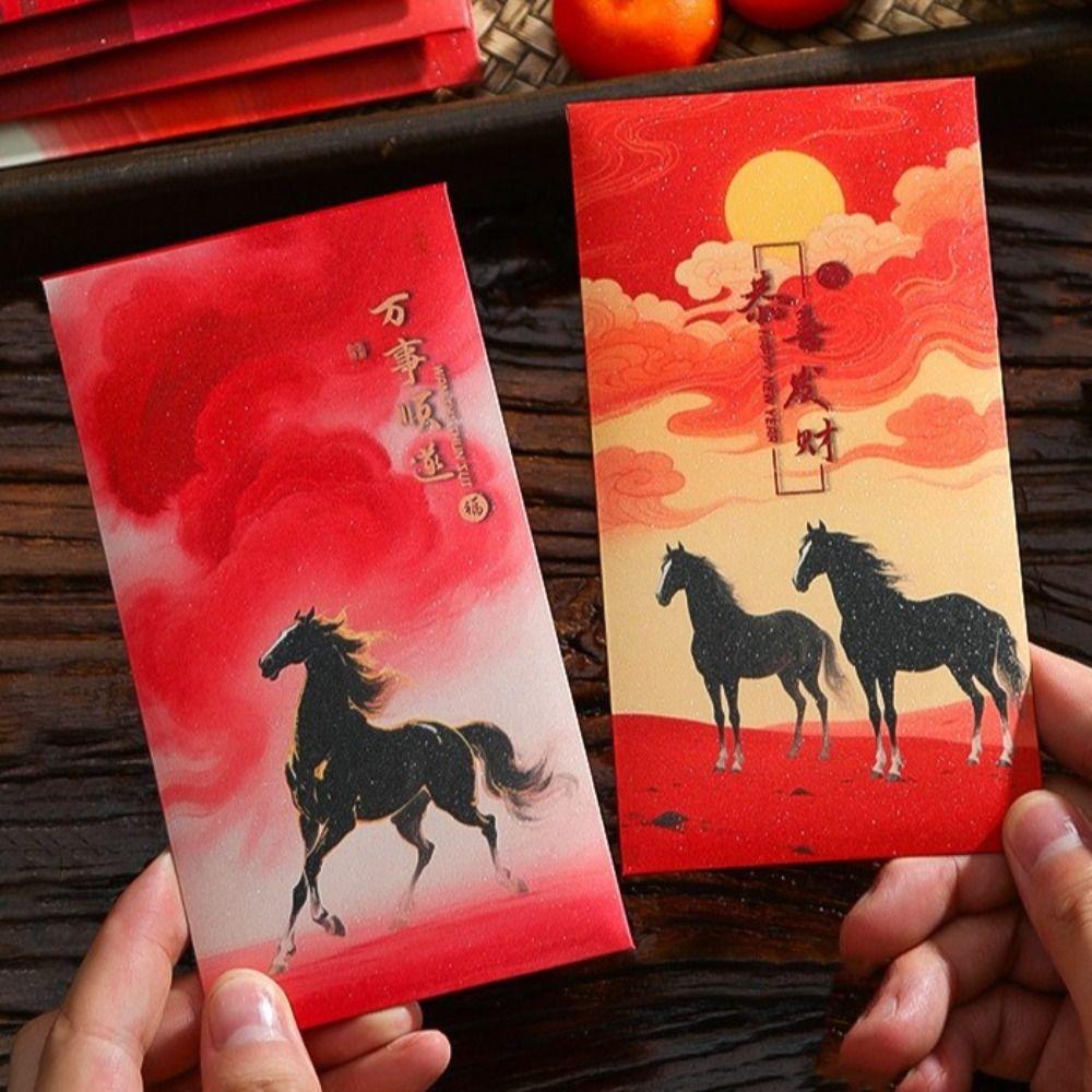 6pcs Cartoon Chinese New Year Red Envelope 2026 Horse Year Red Pocket Money Bag Marriage Ceremony