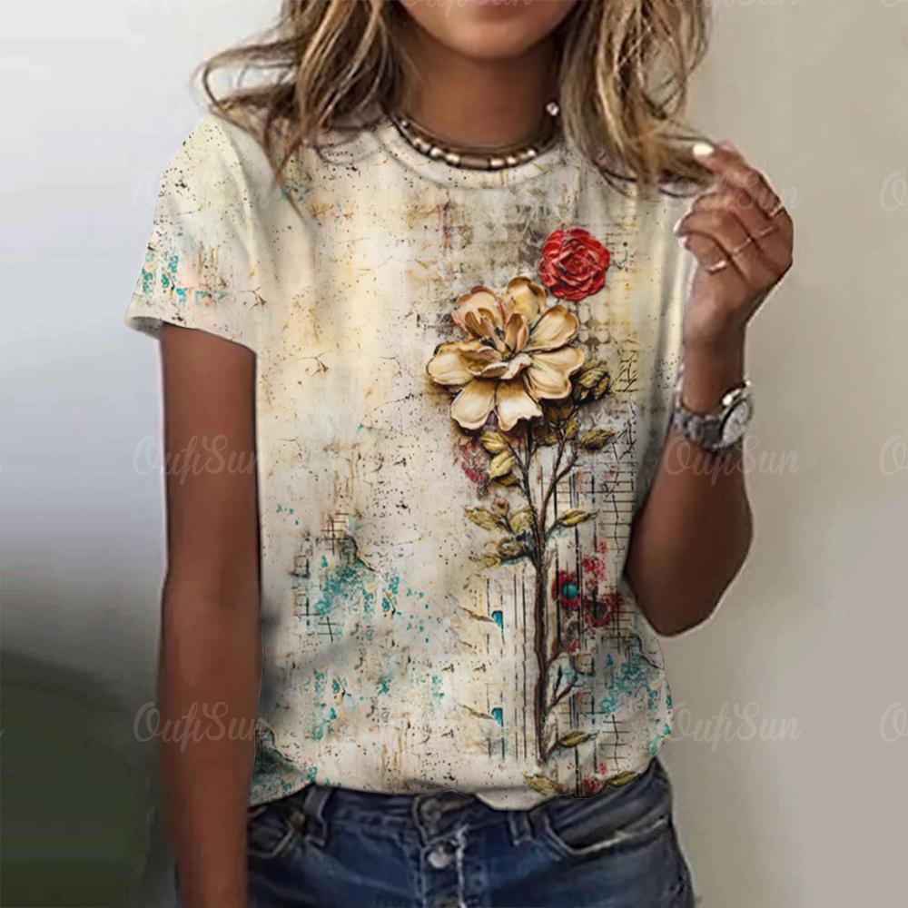 Vintage Women's T-shirts Three-Dimensional Rose Pattern Short Sleeves T Shirt Top Summer Y2K Women Clothing Crew Neck Pullover